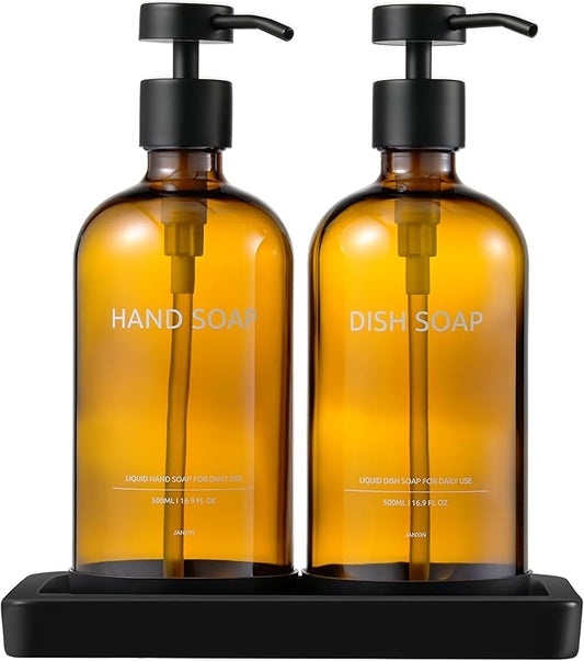 Glass Kitchen Soap Dispenser Set with Ceramic Tray,16.9 floz Hand and Dish Soap Dispenser for Kitchen and Bathroom Decor (Amber Bottles + Black Pumps)