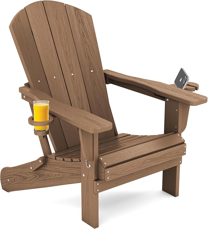 SERWALL Adirondack Chair with Cup Holders - Composite Adirondack Chairs Set of 4 HDPE Outdoor Chairs All Weather Use- Brown