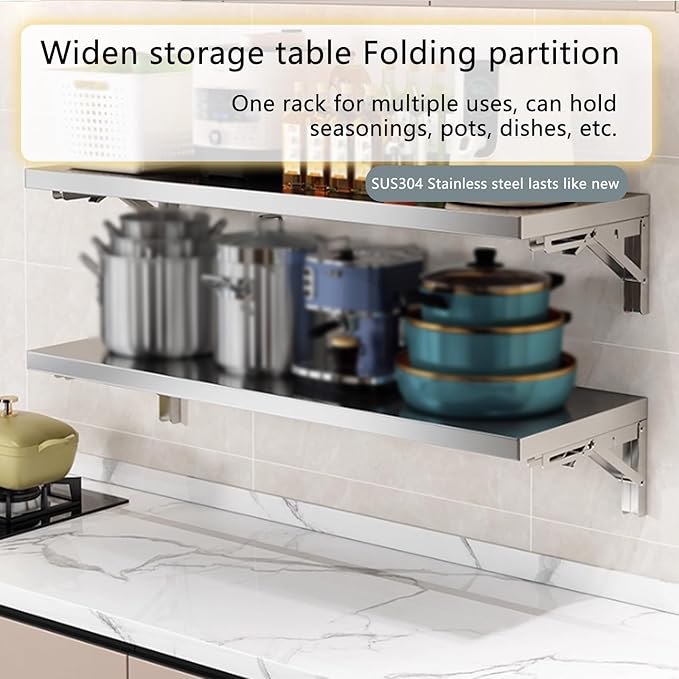 304 stainless steel folding table, wall-mounted folding table, kitchen storage shelf, made of food-grade stainless steel material, suitable for living room, balcony, bathroom, or laundry room.(80*30cm
