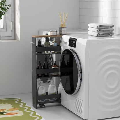 LOKO Slim Storage Cart, 4-Tier Rolling Cart with Handle & Wooden Top for Kitchen Bathroom Laundry Living Room Narrow Small Spaces, 5 Inches Width (Grey & Natural)