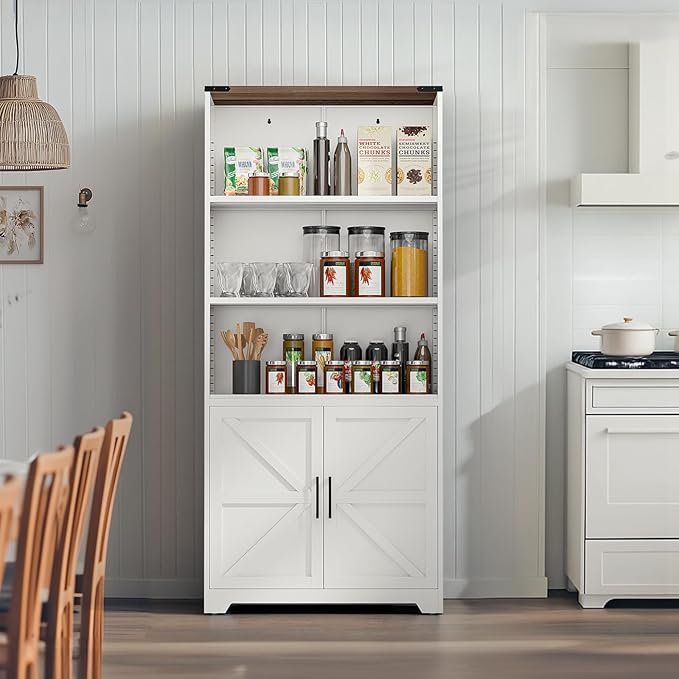 VINGLI Bookcase with Doors and Adjustable Shelves, Steel 70" Tall Bookshelf, 6-Tier Farmhouse Metal Storage Cabinet for Study, Living Room, Home Office, Kitchen Pantry, White Display Cabinet