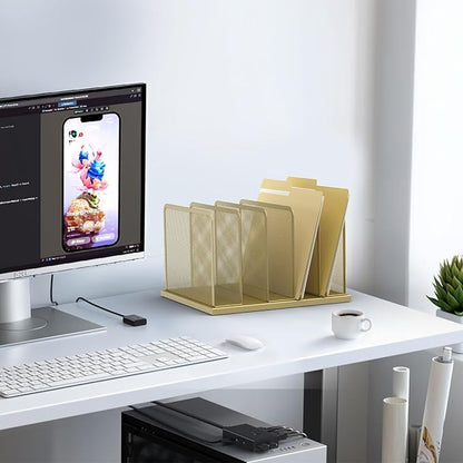 Kuntine.B Desk File Organizer Upright Mesh Desktop Organizer File Sorter Office Organization File Holder for Home, Office & Classroom (Gold, 1 Pack 5-Section)