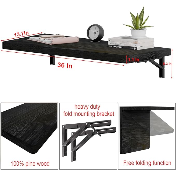 IAE Wall Mounted Folding Table with Pine Wood,36" x 14" Floating Wall Desk,Laundry Folding Table with Shelf Brackets,Fold Down Desk Shelf,Folding Workbench for Home,Dining,Laundry Room,Kitchen,Black