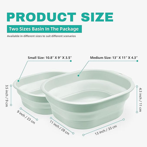 2 Pack Collapsible Wash Basin Set, Foldable Dish Tub, Small Medium Portable Sink for Kitchen, Camping, RV, Baby Bottles, Laundry, Plastic Washbasin -Green