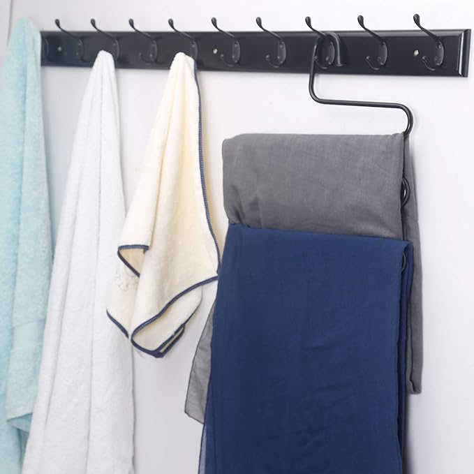 Dseap Coat Rack Wall Mounted: 10-Hooks, 16" Hole to Hole, 38-1/4" Long, Wood Coat Hooks Wall Mounted, Hook Rack, Hook Rail, Hooks for Hanging Coats, Black