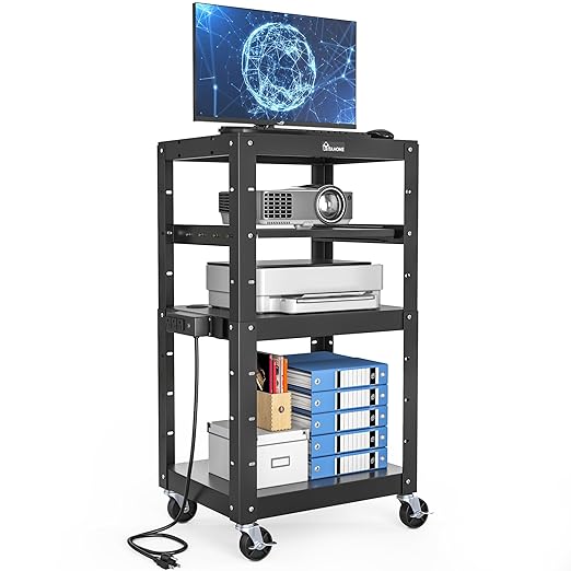 YITAHOME AV Cart on Wheels, 3-Shelf Metal Presentation Utility Cart with Keyboard Tray and Power 16.4ft Extra-Long Cord, Rolling Storage Cart with Adjustable Shelves for Offices, Warehouses, Black