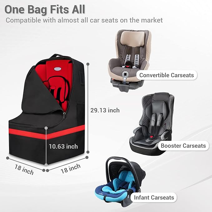 Car Seat Travel Bag - Padded, Comfortable, Durable, Roomy Gate Check Carseat Cover Backpack Fits 3-in-1，Convertible, Booster & Infant Car Seats for Airplane, Airport, Red