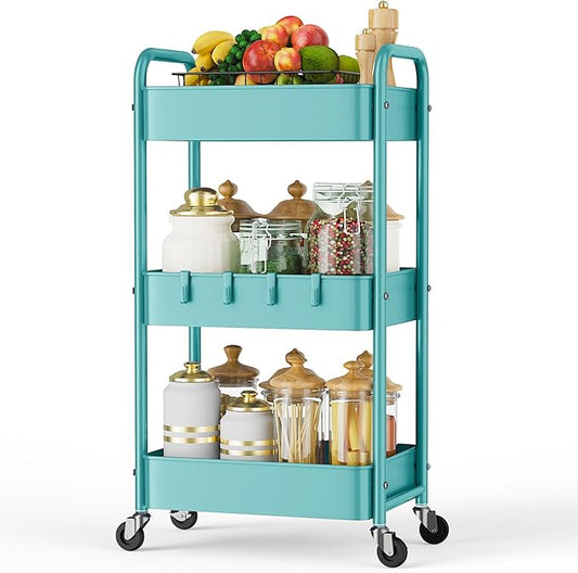 LEHOM 3 Tier Rolling Storage Cart, Metal Trolley Utility Cart with Wheels & Hooks, Easy Assembly Organizer Storage Cart for Bathroom Kitchen Office Bedroom (Blue)