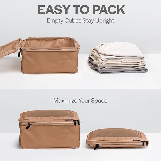 Aerotrunk Compression Packing Cubes for Travel - Luggage Organizer Bags - Double Zipper Packing Cubes for Suitcases (4-Pack, Mocha)