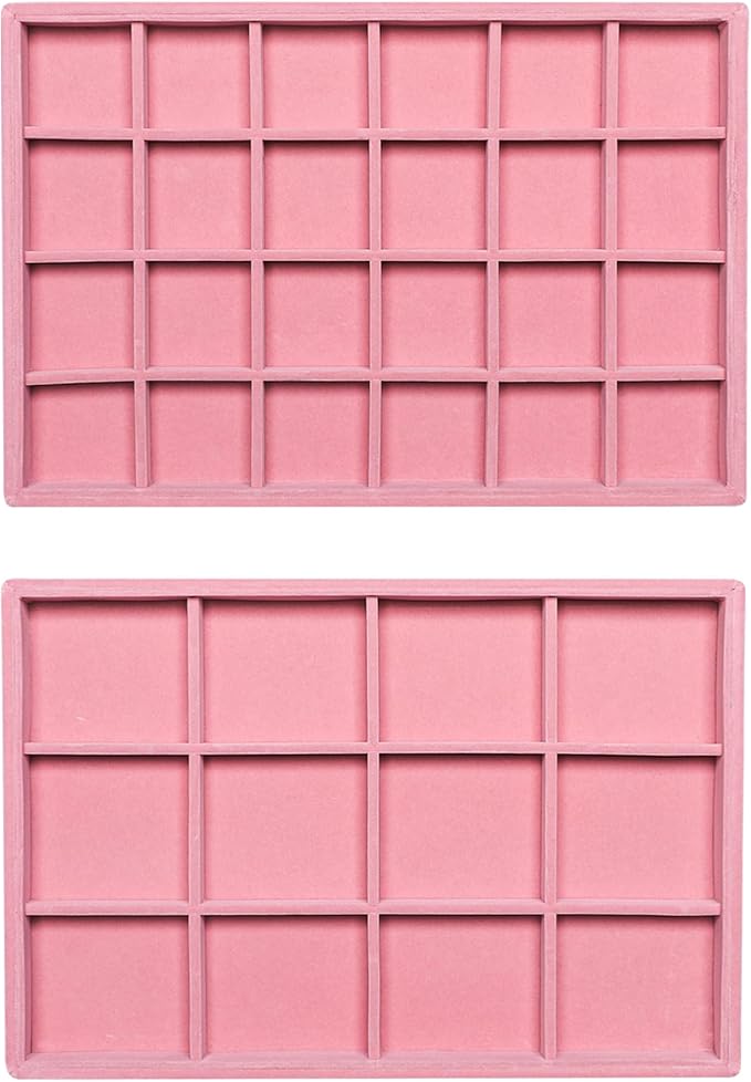 Frebeauty Stackable Velvet Jewelry Organizer Trays for Drawers Inserts Jewelry Storage Tray Display Case, Stud Earrings Bracelets Necklace Rings Accessories Trays for Women(Set of 2)(Pink)
