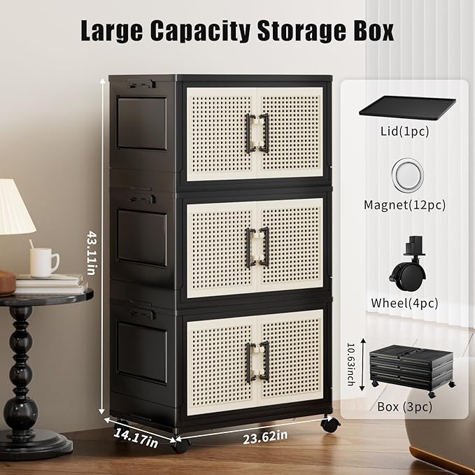 Stackable Storage Bins with Lids,Collapsible Plastic Storage Box Closet Organizers and Storage with Wheels and Magnetic Door for Home Office Dorm (3 Pack)