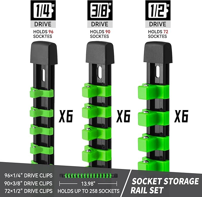 Socket Organizer Drive ABS Tools - Green Socket Holder, Premium Quality 18 Pieces Socket Holders Kit 1/4-Inch x 96 Clips, 3/8-Inch x 90 Clips, 1/2-Inch x 72 Clips（18PC,Green