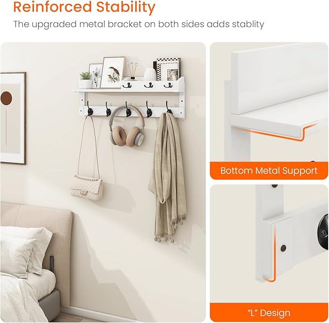 Homode Coat Rack Wall Mount with Hooks and Mail Holder, Entryway Floating Shelf with Key Hooks, Hanging Coat Hanger for Entry, Bathroom, Hallway, Bedroom, White