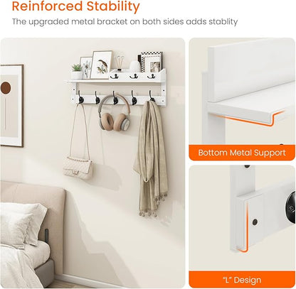 Homode Coat Rack Wall Mount with Hooks and Mail Holder, Entryway Floating Shelf with Key Hooks, Hanging Coat Hanger for Entry, Bathroom, Hallway, Bedroom, White