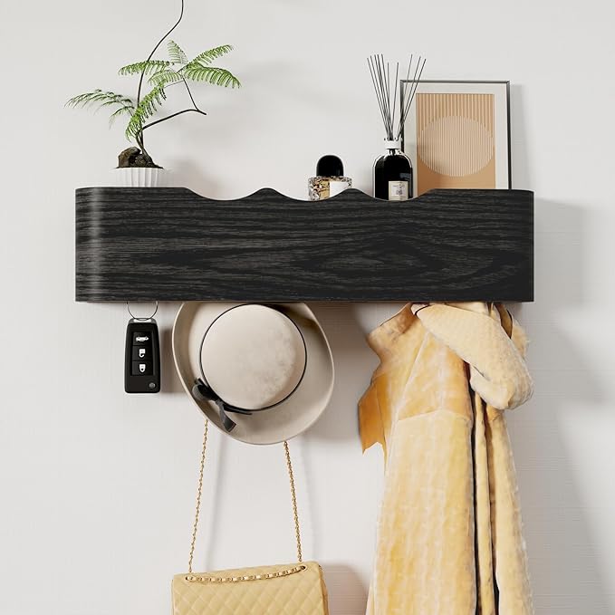 Coat Rack Wall Mount with Shelf 4 Hidden Hooks Modern Wooden Key Holder Entryway Organizer for Hallway Bedroom Bathroom Home Decor Storage for Hanging Coats Hats Bags Towels, Wave-Shape Black