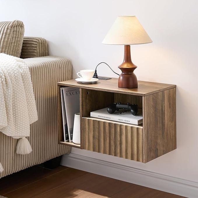 Modern Rustic Brown Fluted Floating Nightstand with Charging Station, NightStand with Drawers, Bedside with USB Ports and Outlets, Bedroom Furniture (Left)