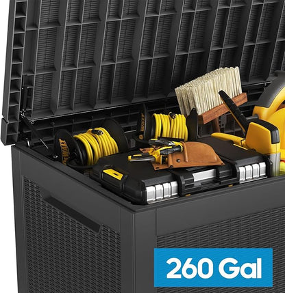 Extra-Large 320 Gallon Outdoor Storage Bin - Waterproof Resin Deck Box for Pool, Patio & Garden, Lockable Outdoor Deck Box for Cushions & Tools, UV-Resistant, Jet Black