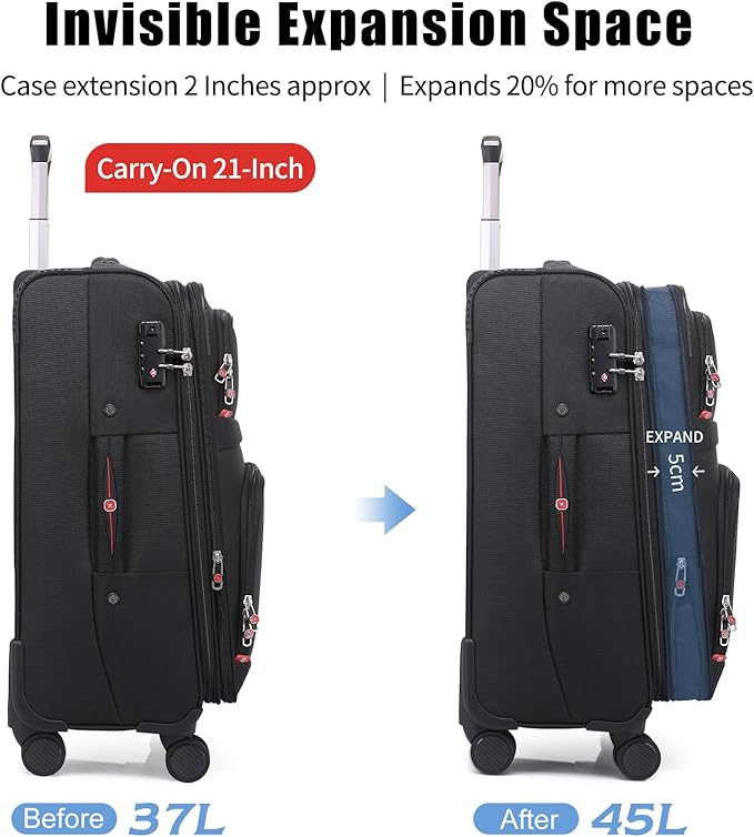 Softside Expandable Luggage with 4 Spinner Wheels, Durable Carry-On Luggage Suicase (Black, 21-Inch)