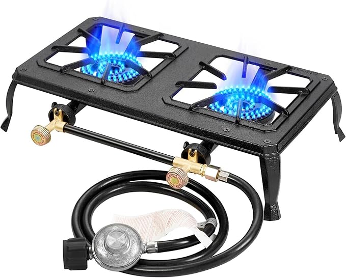 Vivicreate Cast Iron Propane Gas Stove Double Burner Heavy Duty Portable Removable Outdoor Cooker 200LB Support High Heat for Camping BBQ Fogon de Gas Estufa de Gas Portatil Parrillas de Gas