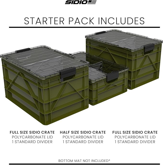 SIDIO CRATE Starter Pack - Two Full Size and One Half Size SidioCrate, Stackable Outdoor Organizer Storage Bins with Clear Lid and Dividers - Green