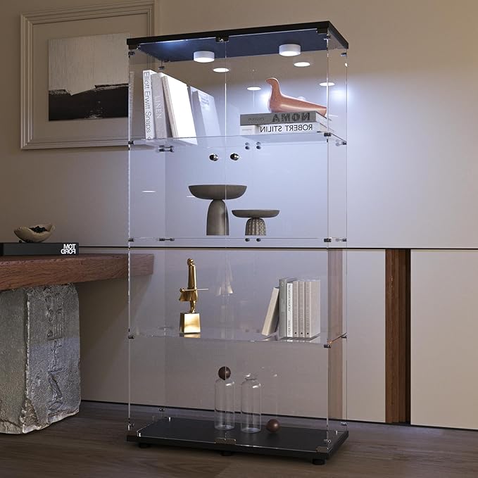 Beauty4U Glass Display Cabinet with Light, 4 Shelves with 2 Doors, Curio Cabinets for Living Room, Bedroom, Office, Black Floor Standing Glass Bookshelf, Quick Installation