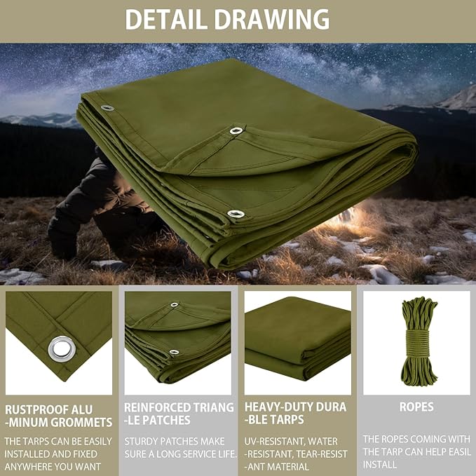 FoundGo Canvas Tarp 6x8ft Heavy Duty Waterproof Tarps with Grommets, UV Resistant, 22 Mil Tarpaulin,14 oz Durable Cloth Covers for Car, Roof, Boat, Camp, Canopy, Woodpile with Ropes-Moss