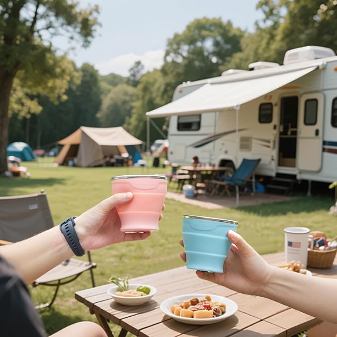 TakeToday 2PCS Collapsible Travel Cup - Silicone Foldable Water Cup, BPA-Free with Lid & Waterproof Bag - Drinking Cup Set for Camping, Outdoors & International Travel（8 Oz, Navy & Lowcountry Peach）