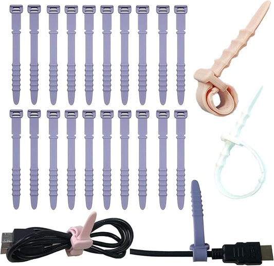 Reusable Silicone Zip Ties Cord Organizer: Silicone Cable Ties Straps for Cable Management - 20PCs 4.5” Purple Elastic Wire Cord Organizer for Home Office and Travel