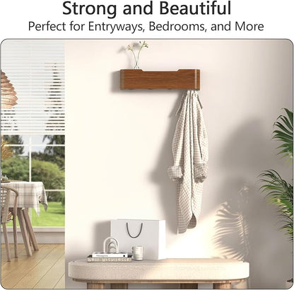 Coat Rack Wall Mount with Hidden Hooks Modern Key Holder Wood Entryway Hook with Shelf for Bedroom Kitchen Hallway Bathroom Designed for Hanging Coats Hats Bags Towel Dog Leashe(Walnut,4 Hooks)