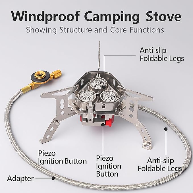 Windproof Camping Stove, Portable Camping Stove with Piezo Ignition, Collapsible Design with Carrying Casefor Outdoor Hiking, Backpacking, Picnic & Emergency Cooking (9900W)