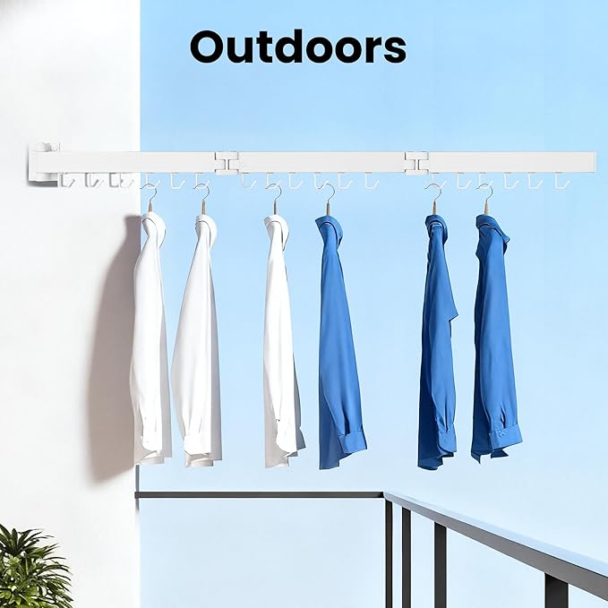 Clothes Drying Rack Wall Mounted, Retractable Collapsible(Tri-Fold) Space Saver, White with 18 Hooks for Laundry Room Organization Apartment Balcony Bathroom