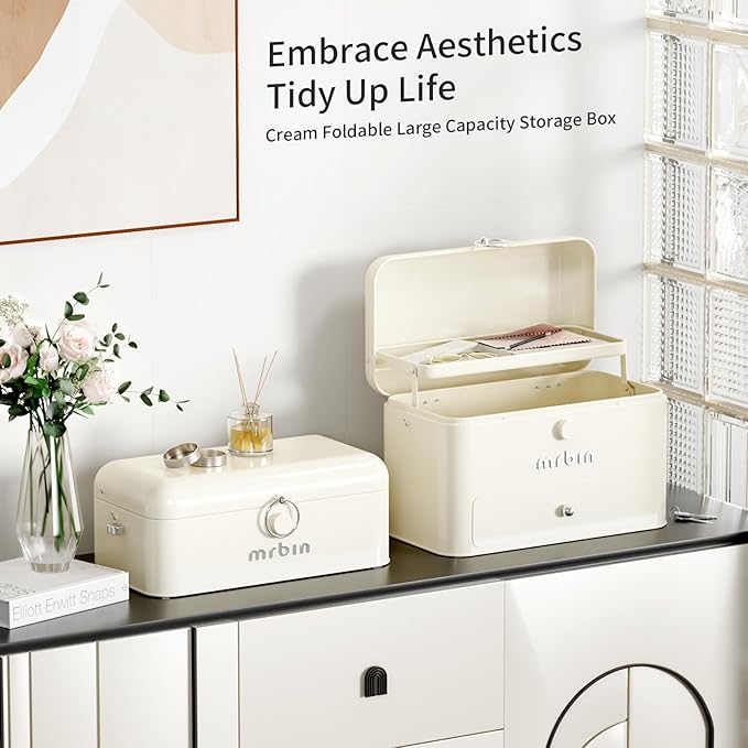 MRBIN Metal 2-Tier Medicine Container Folding Waterproof Safe Boxes and Supply Storage Organizer Empty First Aid Kit for Home Portable Emergency Kit, Cream White