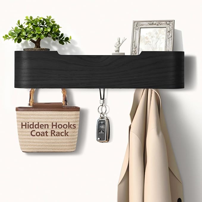 Coat Rack Wall Mount with Hidden Hooks Modern Key Holder Wood Entryway Hook with Shelf for Bedroom Kitchen Hallway Bathroom Designed for Hanging Coats Hats Bags Towels Dog Leashe(Black,4 Hooks)