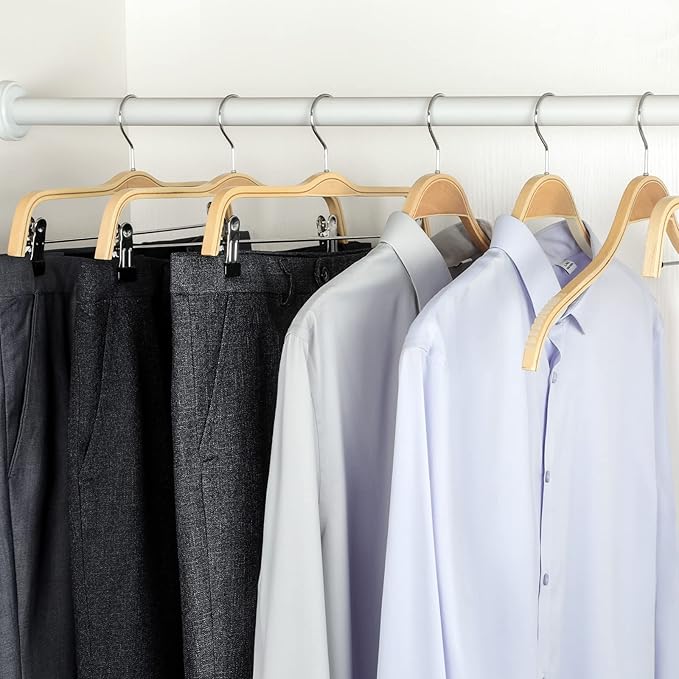 TOPIA HANGER Slim Natural Wood Hangers with Extra Soft Non-Slip Rubber Grips, 10-Pack High-Grade Fashion Hanger No Shoulder Bump for Sweater, Camisole, Jacket, Dress, Coat -CT15N