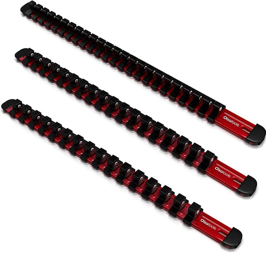 Olsa Tools 3-Pc Set Aluminum Socket Organizer | Locking End Caps | 1/4-Inch, 3/8-Inch, 1/2-Inch Drive Socket Holders with 24, 18, 16 Clips Each (Red)