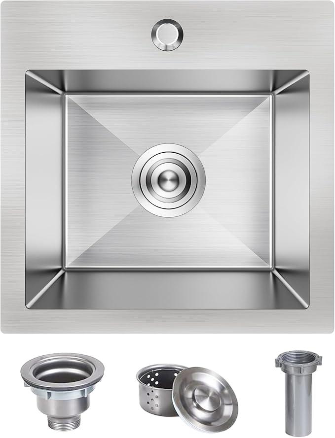 15 x 15 Inch Drop In Kitchen Bar Sink, Stainless Steel Single Bowl Topmount Bar Prep Sink Small Kitchen Sink with Basket Strainer