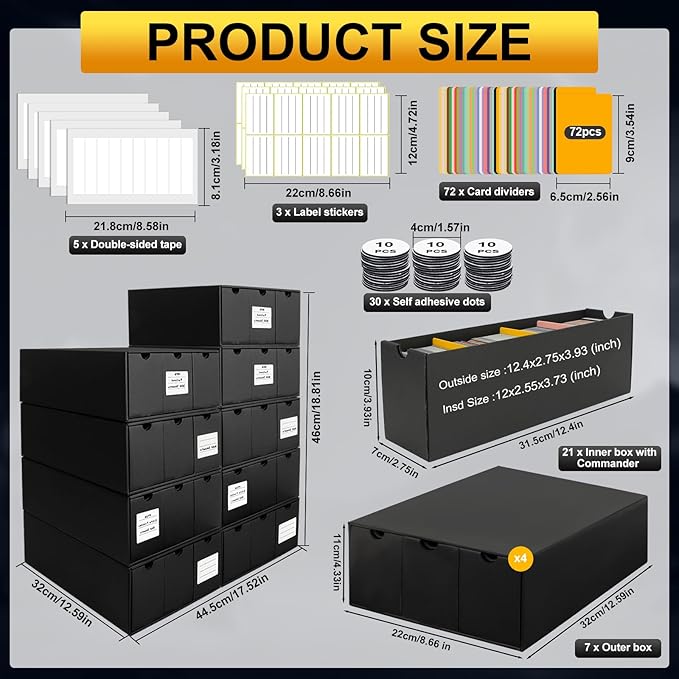 Trading Card Storage Box, Includes 21-600 CT Boxes & Card Dividers, + Trading Card Organizer for Collectible Card Games, for TCG, MTG, PTCG, Baseball Cards, with Labels & Tapes