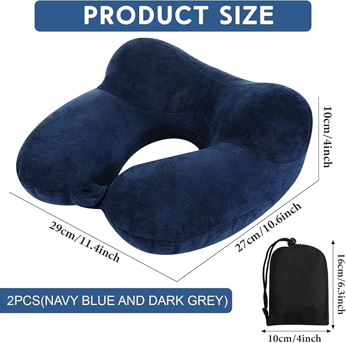 Sintuff 2 Pack Inflatable Travel Pillow for Airplanes Inflatable Neck Flight Pillows with Compact Bag and Blindfold for Traveling, Airplane, Train, Car, Office (Blue and Dark Gray)
