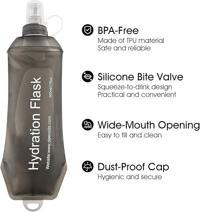 GYGYL Soft Flask, TPU Collapsible Soft Water Bottle for Hydration Pack, Running Vest, Leak-Proof Folding Water Bottle for Hiking Cycling Climbing Jogging-250ml Grey, 2pcs