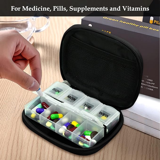 Serfeymi Weekly Travel Pill Organizer Pill Case for Purse with Removable 7 Day Pill Box, Fashionable Travel Medicine Organizer Pill Container for Medicine, Vitamin, Supplement - Black 03