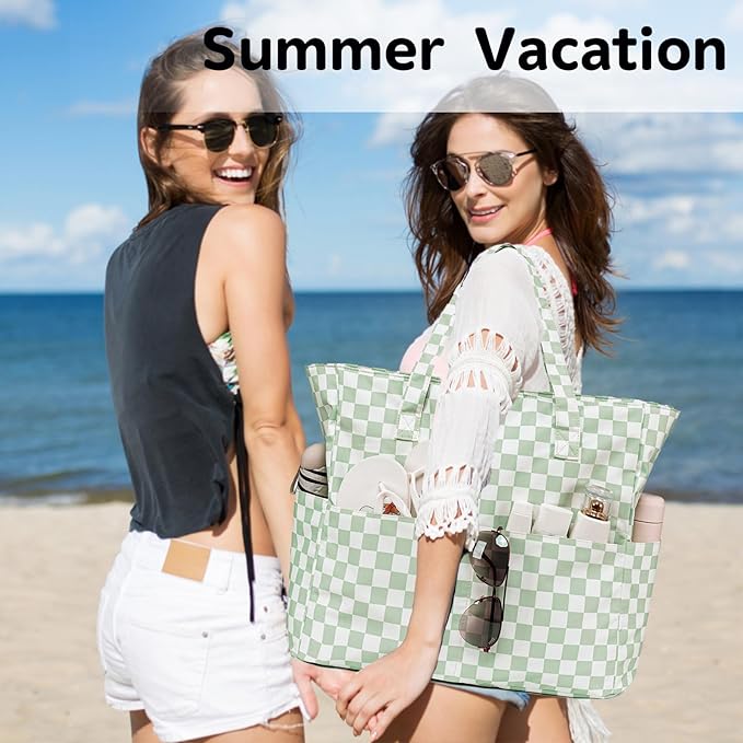 LEDAOU Large Beach Tote Bag Women Waterproof Sandproof Zipper Beach Tote Bag for Pool Gym Grocery Travel with Wet Pocket