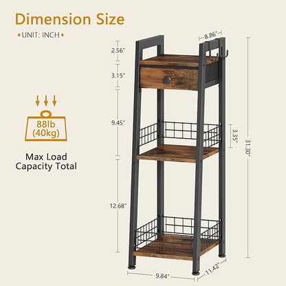 3-Tier Narrow Ladder Shelf with Drawer, Bathroom Floor Storage Shelf, Freestanding Tower Shelf Ladder Bookshelf Brown