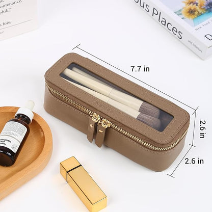 Aveniee Clear Makeup Brush Bag, Slim Cosmetic Brush Holder, Small Travel Toiletry Bag for Women, Thin Make up Bags with Dual Zipper, Mini Travel Essentials Organizer - Taupe