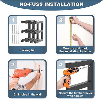 Ultrawall Lumber Storage Rack Wall Mount Wood Storage Racks, Metal Wood Organizer Racks for Shed, Workshop, Garage, Holds Up 220 LBS Per Level (Pack of 4, Black)