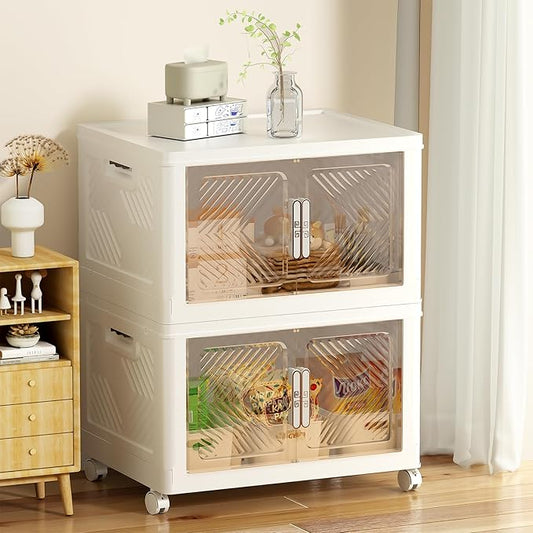 Storage Bins with Lid 76QT, Stackable Storage Containers with Wheels and Magnetic Doors, Plastic Clothes Closet Organizers and Storage Box for Home and Office(2 Pack)