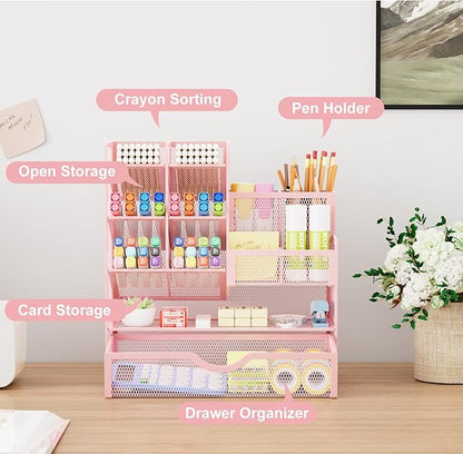 Marbrasse Mesh Desk Organizer with Drawer, Multi-Functional Pencil Organizer, 12 Compartments, Pink, Modern, Minimalist
