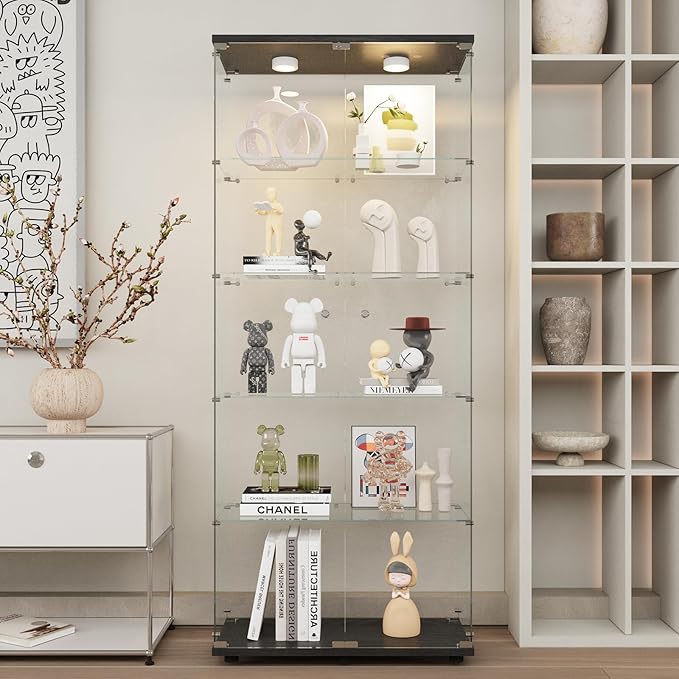 Beauty4U Glass Display Cabinet with Lights, 5 Shelves with 2 Doors, Curio Cabinets for Living Room, Bedroom, Office, Black Floor Standing Glass Bookshelf, Quick Installation