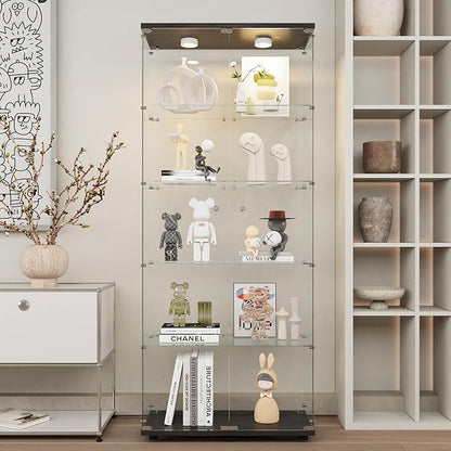 Beauty4U Glass Display Cabinet with Lights, 5 Shelves with 2 Doors, Curio Cabinets for Living Room, Bedroom, Office, Black Floor Standing Glass Bookshelf, Quick Installation