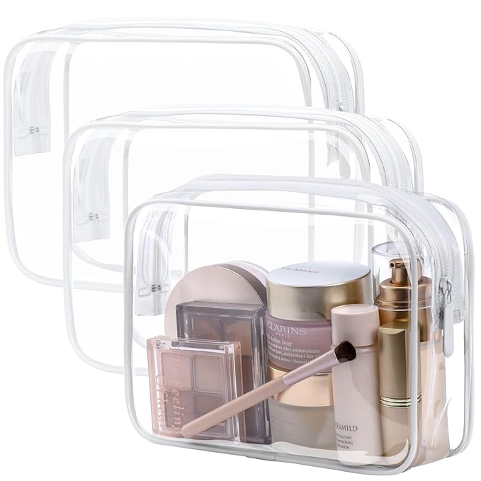 PACKISM TSA Approved Toiletry Bag, 3 Pack Clear Makeup Bag, Travel Makeup Cosmetic Pouch for Women, Carry on Airport Airline Compliant Bag, White (for age 12 or above)