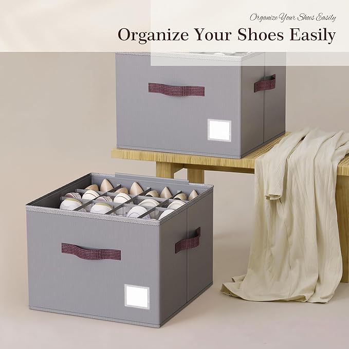Criusia Shoe Organizer for Closet, 2 Pack Shoe Organizer with Transparent Cover and Sturdy Handles, Closet Shoe Storage for Sneakers Sandals Slippers, Fit 12-16 Pairs, Gray